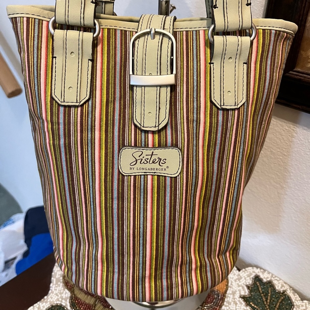 Sisters Brand By Longaberger. Sage Leather HoboShoulderBag w Vertical Stripe.EUC